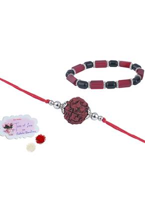 Handmade rakhi combo couple pair panch mukhi rudraksh rakhi and red unisex stretchable bracelet for bhaiya bhabhi 1