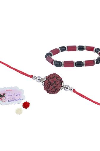 Handmade rakhi combo couple pair panch mukhi rudraksh rakhi and red unisex stretchable bracelet for bhaiya bhabhi