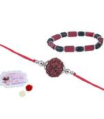 Handmade rakhi combo couple pair panch mukhi rudraksh rakhi and red unisex stretchable bracelet for bhaiya bhabhi