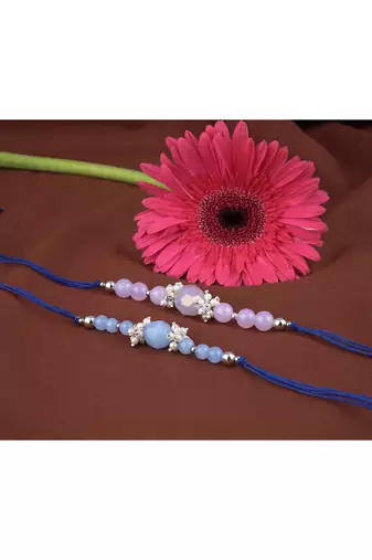 Handmade combo of 2 beaded rakhis with semi-precious lavender pink & blue onyx bead n pearls set
