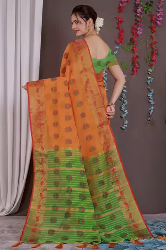 Sareeexotica Women'S Cotton Jacquard Saree Meenakari Zaributta Chit Pallu Orange Color Saree