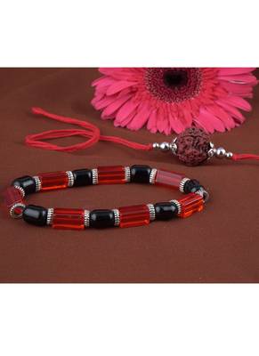 Handmade rakhi combo couple pair panch mukhi rudraksh rakhi and red unisex stretchable bracelet for bhaiya bhabhi 2