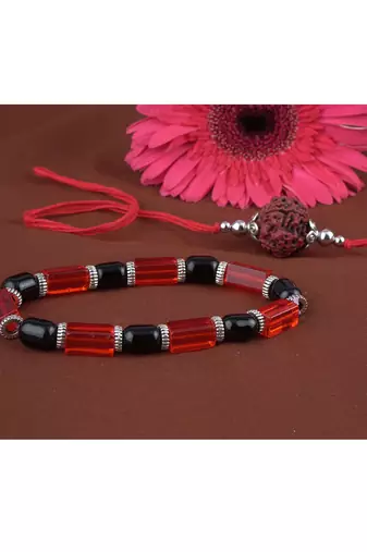Handmade rakhi combo couple pair panch mukhi rudraksh rakhi and red unisex stretchable bracelet for bhaiya bhabhi