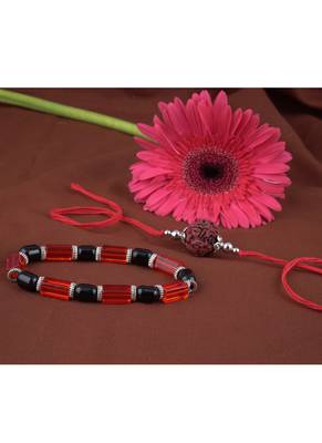 Handmade rakhi combo couple pair panch mukhi rudraksh rakhi and red unisex stretchable bracelet for bhaiya bhabhi 3