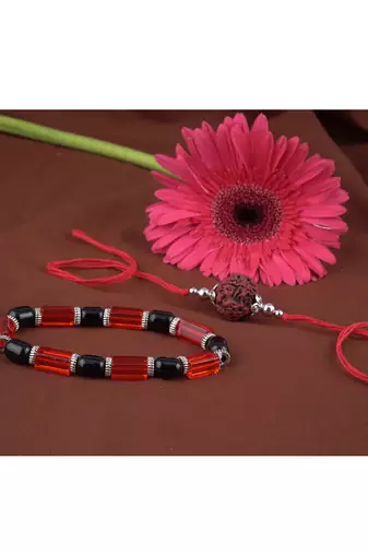 Handmade rakhi combo couple pair panch mukhi rudraksh rakhi and red unisex stretchable bracelet for bhaiya bhabhi