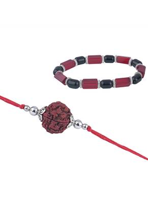 Handmade rakhi combo couple pair panch mukhi rudraksh rakhi and red unisex stretchable bracelet for bhaiya bhabhi 4