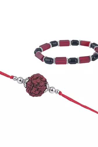 Handmade rakhi combo couple pair panch mukhi rudraksh rakhi and red unisex stretchable bracelet for bhaiya bhabhi