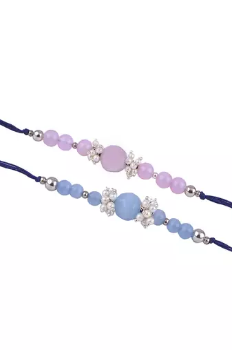 Handmade combo of 2 beaded rakhis with semi-precious lavender pink & blue onyx bead n pearls set