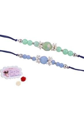 Handmade combo of 2 beaded rakhis with semi-precious light blue & mint green onyx bead n pearls set for brother bhaiya 1