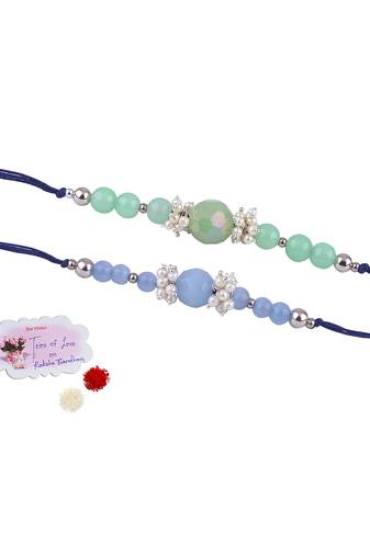 Handmade combo of 2 beaded rakhis with semi-precious light blue & mint green onyx bead n pearls set for brother bhaiya