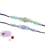 Handmade combo of 2 beaded rakhis with semi-precious light blue & mint green onyx bead n pearls set for brother bhaiya