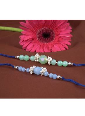Handmade combo of 2 beaded rakhis with semi-precious light blue & mint green onyx bead n pearls set for brother bhaiya 2