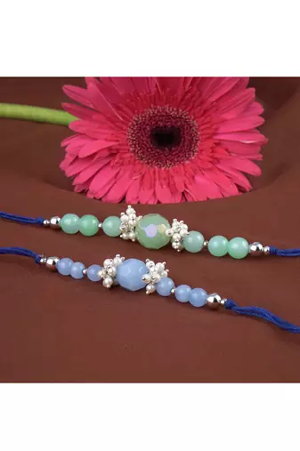 Handmade combo of 2 beaded rakhis with semi-precious light blue & mint green onyx bead n pearls set for brother bhaiya