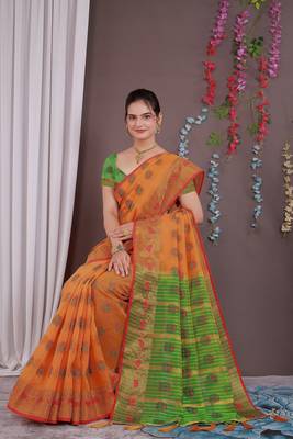 Sareeexotica Women'S Cotton Jacquard Saree Meenakari Zaributta Chit Pallu Orange Color Saree 5