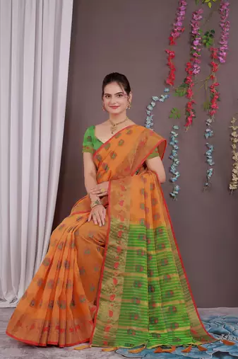 Sareeexotica Women'S Cotton Jacquard Saree Meenakari Zaributta Chit Pallu Orange Color Saree