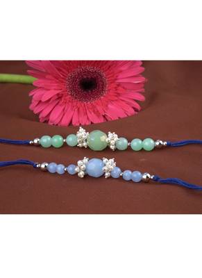 Handmade combo of 2 beaded rakhis with semi-precious light blue & mint green onyx bead n pearls set for brother bhaiya 3