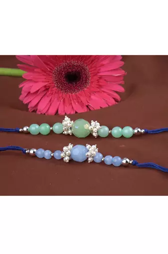 Handmade combo of 2 beaded rakhis with semi-precious light blue & mint green onyx bead n pearls set for brother bhaiya
