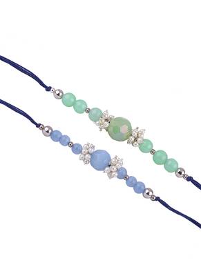 Handmade combo of 2 beaded rakhis with semi-precious light blue & mint green onyx bead n pearls set for brother bhaiya 4