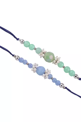 Handmade combo of 2 beaded rakhis with semi-precious light blue & mint green onyx bead n pearls set for brother bhaiya