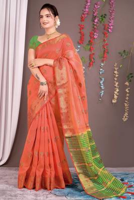 Sareeexotica Women'S Cotton Jacquard Saree Meenakari Zaributta Chit Pallu Gajari Color Saree 1