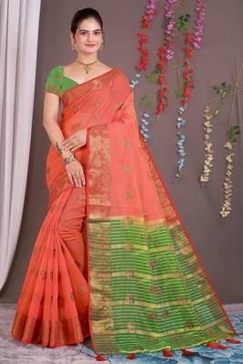 Sareeexotica Women'S Cotton Jacquard Saree Meenakari Zaributta Chit Pallu Gajari Color Saree 2