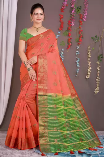 Sareeexotica Women'S Cotton Jacquard Saree Meenakari Zaributta Chit Pallu Gajari Color Saree