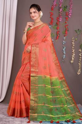Sareeexotica Women'S Cotton Jacquard Saree Meenakari Zaributta Chit Pallu Gajari Color Saree 3