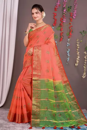 Sareeexotica Women'S Cotton Jacquard Saree Meenakari Zaributta Chit Pallu Gajari Color Saree