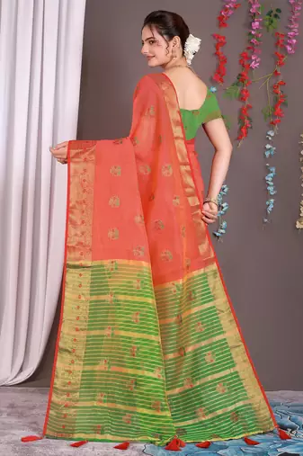Sareeexotica Women'S Cotton Jacquard Saree Meenakari Zaributta Chit Pallu Gajari Color Saree