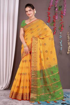 Sareeexotica Women'S Cotton Jacquard Saree Meenakari Zaributta Chit Pallu Yellow Color Saree 1