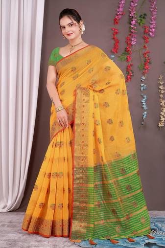 Sareeexotica Women'S Cotton Jacquard Saree Meenakari Zaributta Chit Pallu Yellow Color Saree