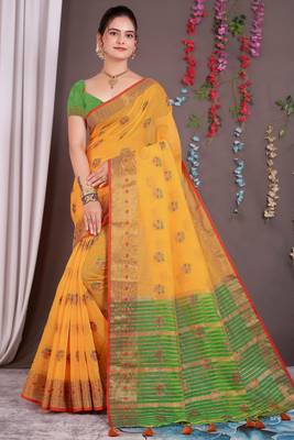 Sareeexotica Women'S Cotton Jacquard Saree Meenakari Zaributta Chit Pallu Yellow Color Saree 2