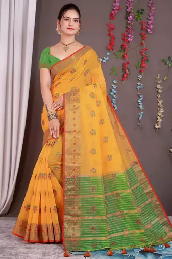 Sareeexotica Women'S Cotton Jacquard Saree Meenakari Zaributta Chit Pallu Yellow Color Saree