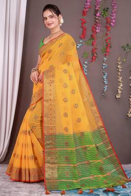 Sareeexotica Women'S Cotton Jacquard Saree Meenakari Zaributta Chit Pallu Yellow Color Saree 3