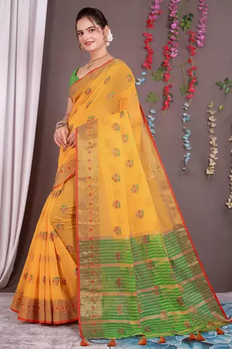 Sareeexotica Women'S Cotton Jacquard Saree Meenakari Zaributta Chit Pallu Yellow Color Saree