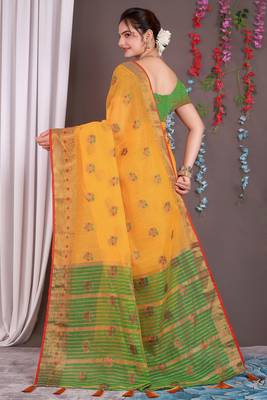 Sareeexotica Women'S Cotton Jacquard Saree Meenakari Zaributta Chit Pallu Yellow Color Saree 4