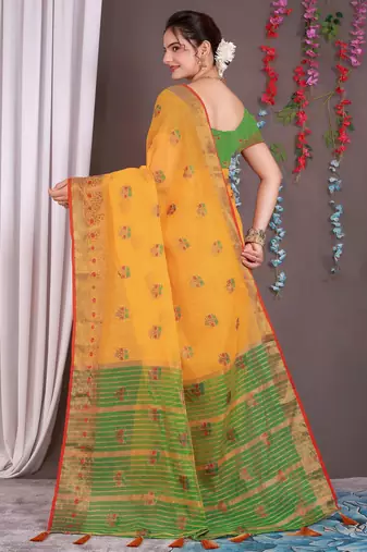 Sareeexotica Women'S Cotton Jacquard Saree Meenakari Zaributta Chit Pallu Yellow Color Saree