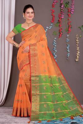 Sareeexotica Women'S Cotton Jacquard Saree Meenakari Zaributta Chit Pallu Orange Color Saree 1