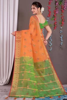 Sareeexotica Women'S Cotton Jacquard Saree Meenakari Zaributta Chit Pallu Orange Color Saree 2