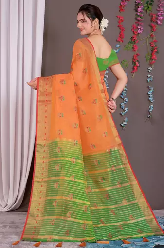 Sareeexotica Women'S Cotton Jacquard Saree Meenakari Zaributta Chit Pallu Orange Color Saree