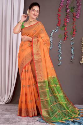 Sareeexotica Women'S Cotton Jacquard Saree Meenakari Zaributta Chit Pallu Orange Color Saree 3