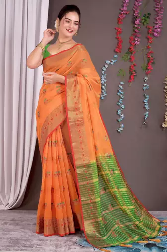 Sareeexotica Women'S Cotton Jacquard Saree Meenakari Zaributta Chit Pallu Orange Color Saree