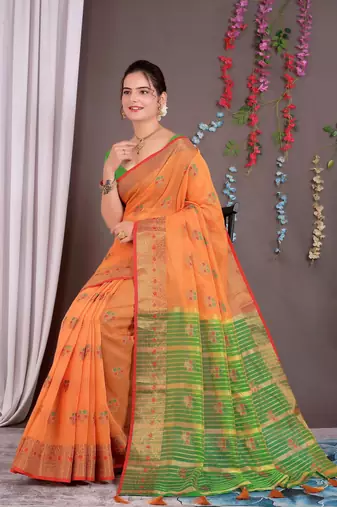 Sareeexotica Women'S Cotton Jacquard Saree Meenakari Zaributta Chit Pallu Orange Color Saree