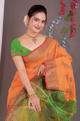 Sareeexotica Women'S Cotton Jacquard Saree Meenakari Zaributta Chit Pallu Orange Color Saree 5