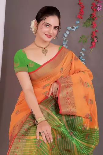 Sareeexotica Women'S Cotton Jacquard Saree Meenakari Zaributta Chit Pallu Orange Color Saree