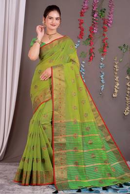 Sareeexotica Women'S Cotton Jacquard Saree Meenakari Zaributta Chit Pallu Popat Green Color Saree 1