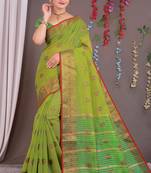 Sareeexotica Women'S Cotton Jacquard Saree Meenakari Zaributta Chit Pallu Popat Green Color Saree