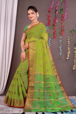 Sareeexotica Women'S Cotton Jacquard Saree Meenakari Zaributta Chit Pallu Popat Green Color Saree 2