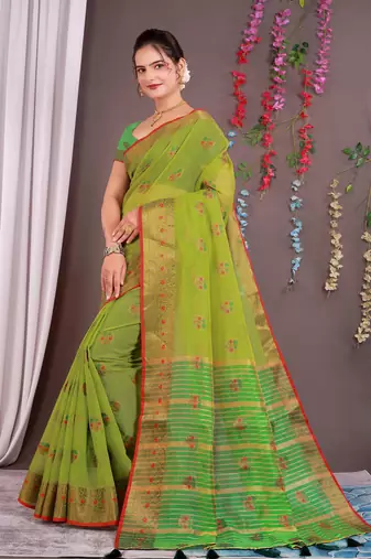 Sareeexotica Women'S Cotton Jacquard Saree Meenakari Zaributta Chit Pallu Popat Green Color Saree
