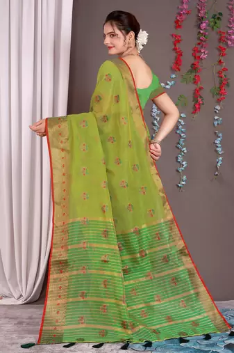 Sareeexotica Women'S Cotton Jacquard Saree Meenakari Zaributta Chit Pallu Popat Green Color Saree